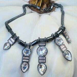 Baublebar Gunmetal Mesh Statement Necklace with Clear Rhinestones
